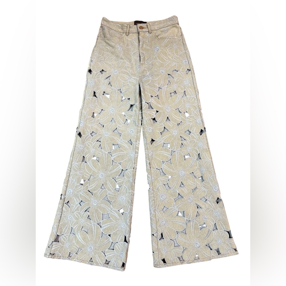 Cynthia Rowley Floral Cutout Wide-Leg Jeans in Sage and Ivory - Picture 5 of 16